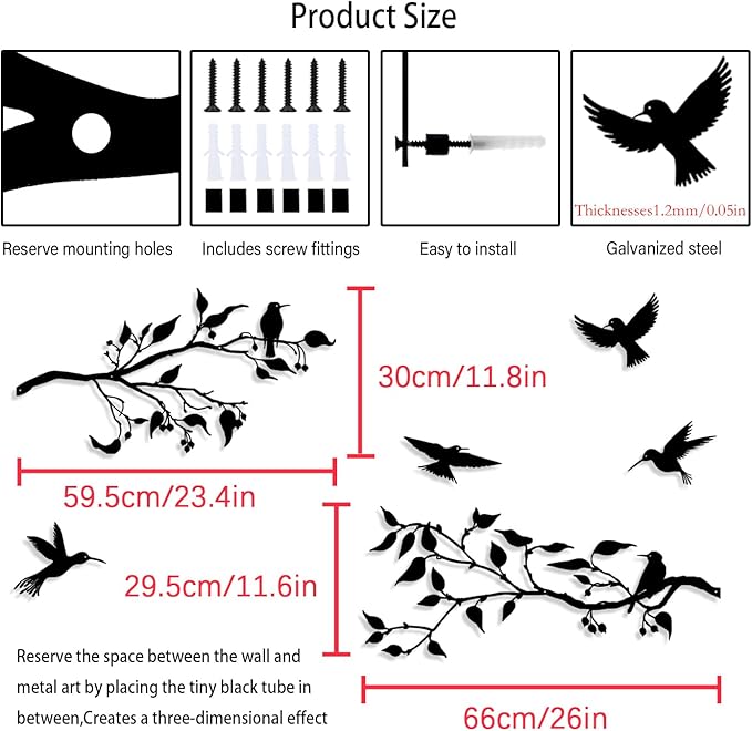 Harikikochuu 4PCS Metal Birds Wall Decor, Birds on the Branch Metal Silhouette Art, Black Leaves with Bird Outdoor Hanging Wall Sculpture for Home Office Balcony Garden Decor.（Hummingbirds）