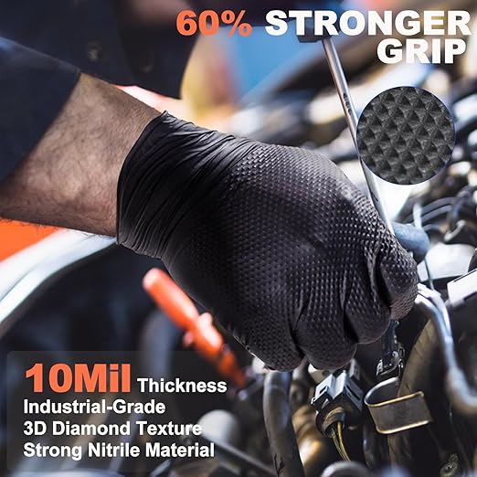 10mil Nitrile-Gloves Disposable-Black Chemical-Resistant Rubber - Mechanic Gloves Heavy Duty, Latex Free, Diamond Grip (500, Medium)