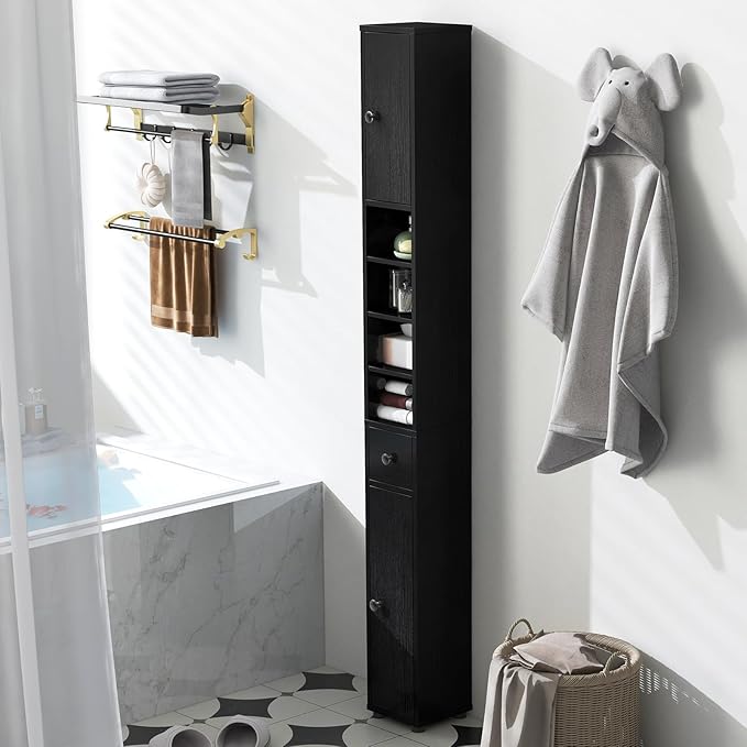 Tangkula Tall Slim Bathroom Storage Cabinet, 71" Freestanding Bathroom Cabinet w/ 2 Doors, 1 Drawer & 5 Adjustable Shelves, Floor Narrow Tower Cabinet for Small Spaces, 8" x 8" x 71" (Black) | Tall, Slim, Freestanding, 2 Doors, 1 Drawer, 5 Adjustable S...