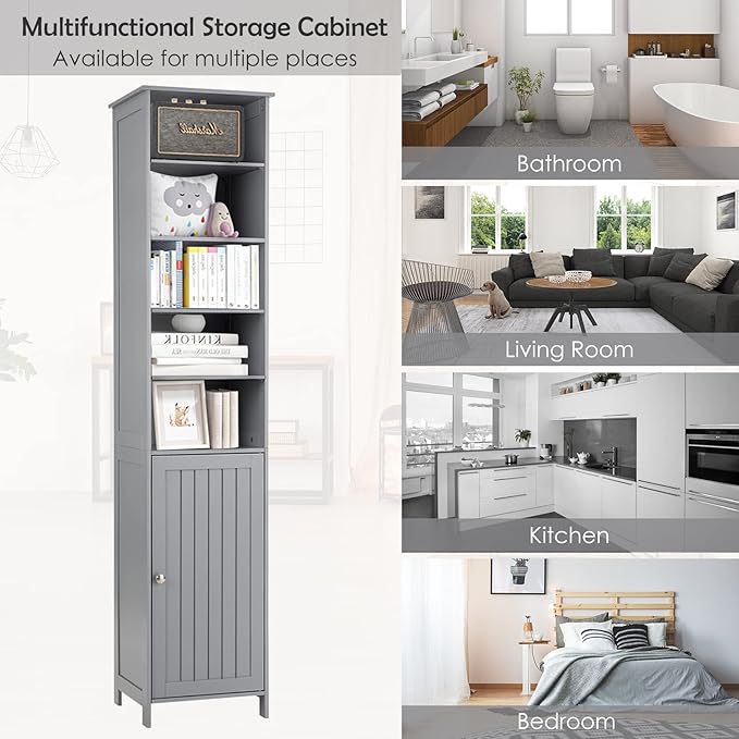 HAPPYGRILL Tall Bathroom Storage Cabinet, 72” Slim Bathroom Cabinet Organizer with 5 Open & 2 Adjustable Shelves, Anti-Tilt Design, Freestanding Storage Cabinet for Bathroom Living Room (Grey)