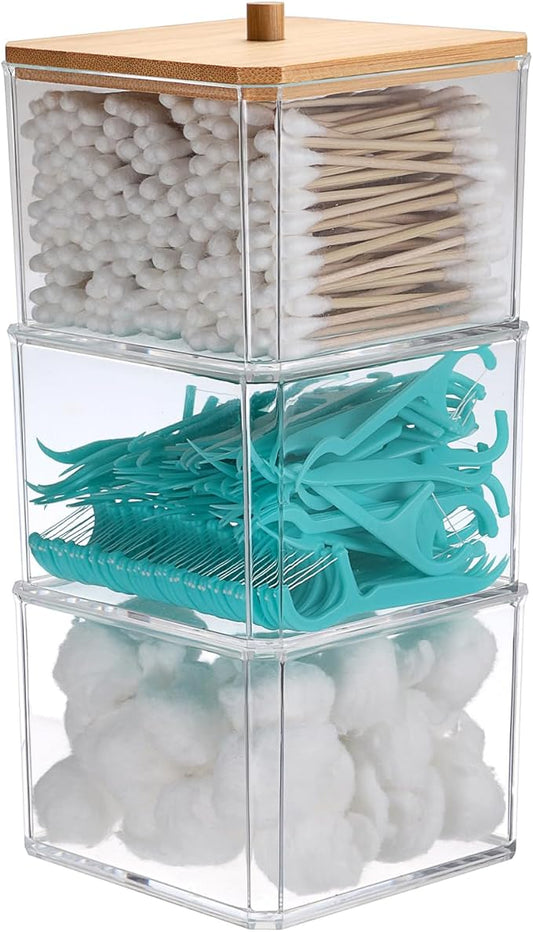 Hipiwe 3 Tiers Acrylic Cotton Swab Organizer Clear Qtip Holder with Lid Stackable Bathroom Accessories Storage Box for Office Living Room Bathroom, 3.7 x 3.5 x 7.8 Inch