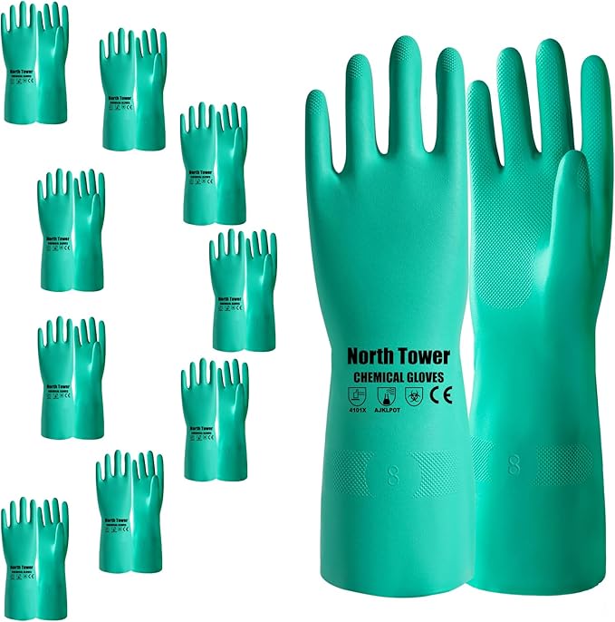North Tower 10 Pairs Chemical Resistant Nitrile Gloves, Resist Household Acid, Alkali, Solvent and Oil, Latex Rubber Free