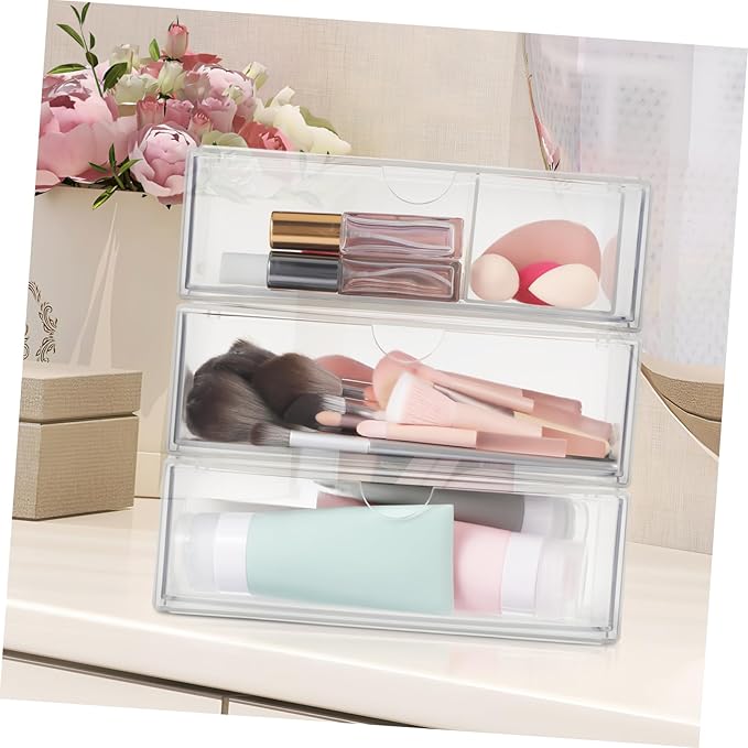 GLEAVI 3Pcs Transparent Makeup Organizer Box Stylish Lipstick Holder Cotton Swab Storage Divided Design with Lid for Easy Access Cleanliness for Bathroom Bedroom Use