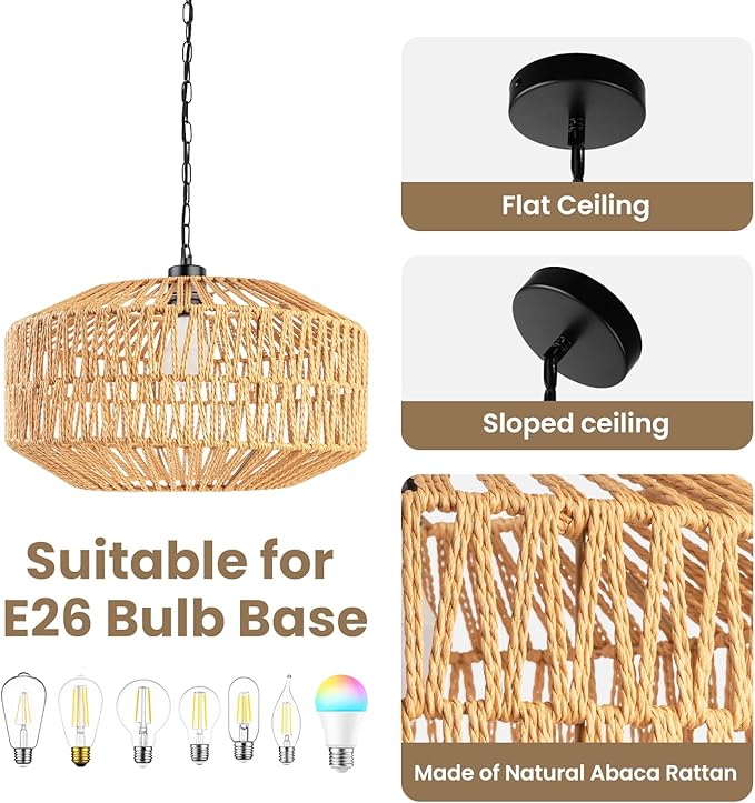 Farmhouse Chandelier Light Fixture, Rattan Boho Chandeliers, Hand Woven Pendant Light with Height Adjustable, Rustic Hanging Lighting for Living/Dining Room, Kitchen Island, Bedroom (Medium)