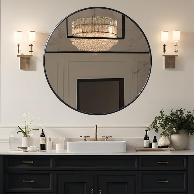 Growsun 39 inch Black Round Mirror, Large Wall Mounted Circle Mirror Metal Frame for Bathroom, Entry, Dining Room, & Living Room