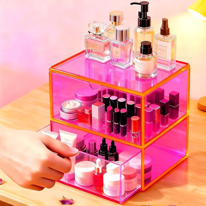 Acrylic Desk Organizer with Drawers Stackable Makeup Organizer for Vanity Office Countertop Cosmetic Display Cases Makeup Storage Box, Neon Pink