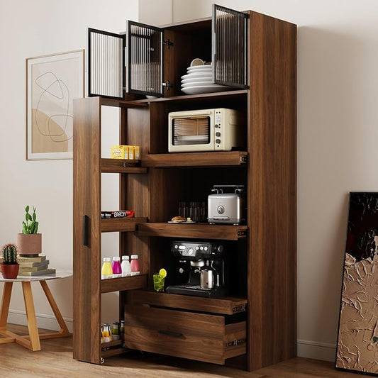 KEIKI 70.87" Tall Kitchen Pantry Storage Cabinet with Multi-Functional Pull-Out Shelf, Drawers, Glass Doors & Microwave Stand, Wood Hutch Food Pantries Cupboard for Coffee Bar, Dining Room