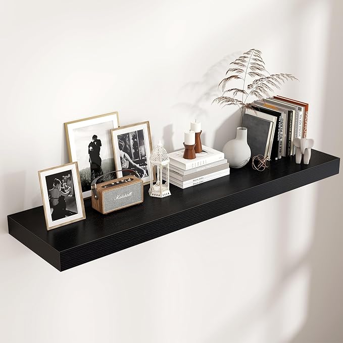 Floating Shelves for Wall, 48 Inch Wide x 12 Inch Deep Floating Shelves, Long Wood Floating Wall Shelf Shelves for Living Room Bathroom Bedroom Kitchen Home - (Black, 48" W x 12" D x 2" H)