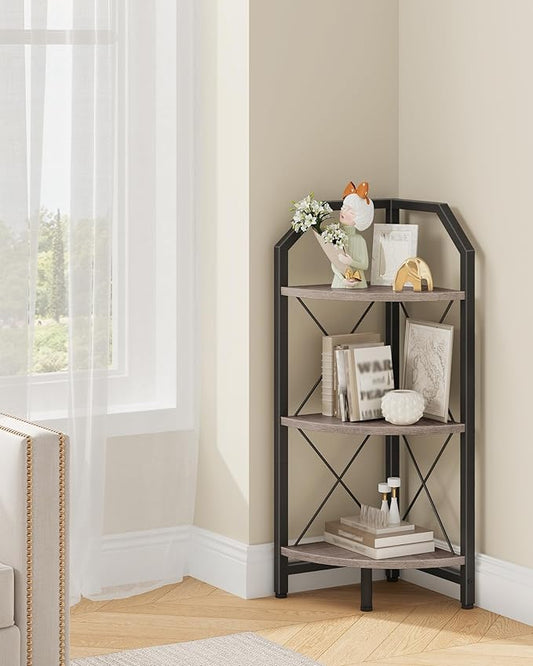 3-Tier Corner Shelf, Industrial Corner Bookshelf, 35.4" Storage Stand, Plant Stand Display Shelf, Bookcase for Bedroom, Living Room, Home Office, Greige and Black TCJ03BG