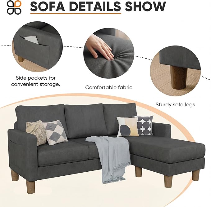 JUMMICO L Shape Sectional Sofa Couch, 3 Seat Convertible Sofa with Movable Ottoman and Side Storage Pockage, Modern Sofa Small Couches for Living Room & Apartment and Small Space (Linen, Deep Grey)