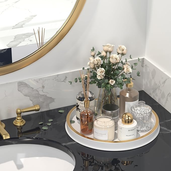 HGF Bathroom Tray for Sponge Soap, 12 Inch Lightweight Metal Round Decorative Tray for Kitchen Sink Centerpiece Countertop Organizer, Perfume Candle Vanity Trays for Bathroom Decor, White Brushed Gold