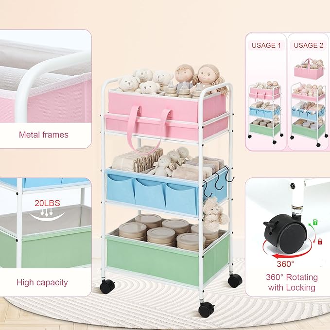 Honeydak 2in1 Baby Diaper Caddy Organizer Cart 3 Tier Large Capacity Metal Utility Bedside Rolling Cart with Divider Newborn Registry Nursery Essential Must Have Crib Bedroom Baby Shower(Colorful)