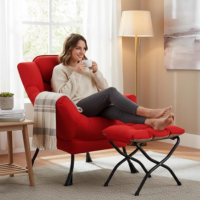 Welnow Lazy Chair with Ottoman, Modern Lounge Accent Chair with Armrests and a Side Pocket, Leisure Sofa Armchair Set, Reading Armchair with Footrest for Small Space, Red