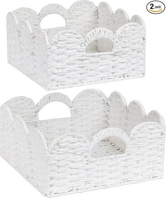 Scalloped Wicker Basket Natural Paper Rope Storage Baskets with Handles Handwoven Organizer Bin Wicker Storage Baskets for Home Decor, Organizing, 2 Pack (White)