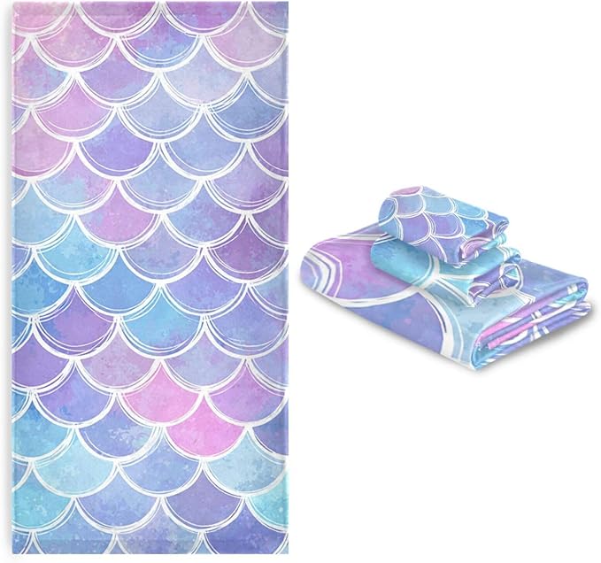 Magic Pink Blue Mermaid Scales Towels Set of 3 Rainbow Marble Galaxy Bathroom Towel Soft Absorbent Bath Hand Towels Washcloth Guest Towel Sets Bathroom Decorations