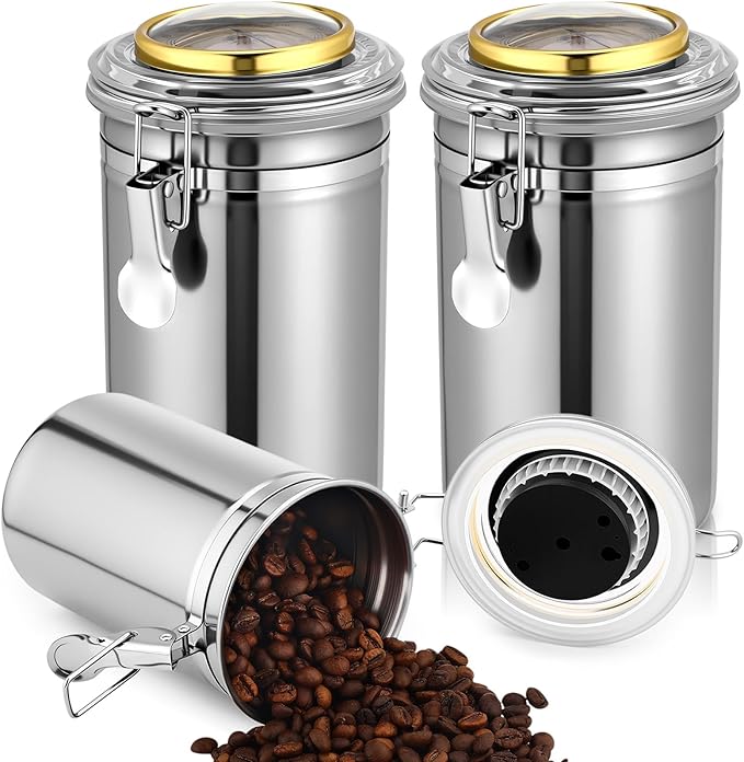 3 Pcs 34 oz Stainless Steel Container with Hygrometer & Humidifier Kitchen Food Storage Jar with Sealed Lid Airtight Coffee Canister for Coffee Bean, Tea, Candy, Snacks, Cereal Storage