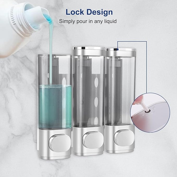 6pcs Shampoo and Conditioner Dispenser No Drill Shower soap Dispenser Wall Mounted 3 Chamber for Bathroom, Kitchen,Hotel Pumps are Easy to use No leaks (Silver)