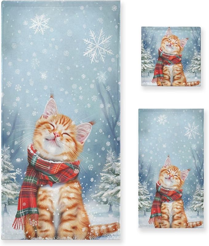Christmas Winter Towels Set of 3 Cute Cat Wearing Plaid Scarf Bathroom Towel Soft Absorbent Bath Hand Towels Washcloth Guest Towel Sets Xmas Holiday Decor