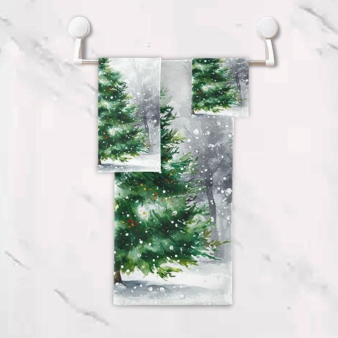 Christmas Winter Towels Set of 3 Rustic Christmas Tree with Snowflakes Bathroom Towel Soft Absorbent Bath Hand Towels Washcloth Guest Towel Sets Xmas Holiday Decor