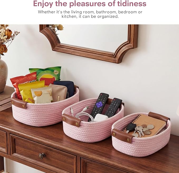 5 Piece Storage Baskets Small Woven Basket with Detachable Leather Handle, Cotton Rope Shelf Baskets for Closet Organizers, Different Sizes Basket Decor, Light Pink