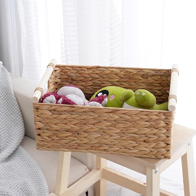 Wicker Storage Basket with Handles 15.5x10.8x6.2 Inch, Natural Woven Storage Baskets for Shelves Organization, Decorative Basket for Kitchen, Bathroom, Living Room Decor, Farmhouse Home Decor