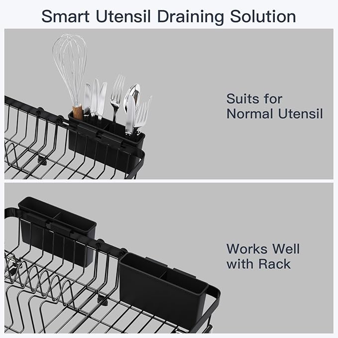 Small Expandable Over The Sink Dish Drainer Drying Rack In Stainless Steel Metal For Kitchen, Counter Space Saving Black Compact Above Plate Dryer Strainer, Adjustable Hanging Inside Sink Drain Holder
