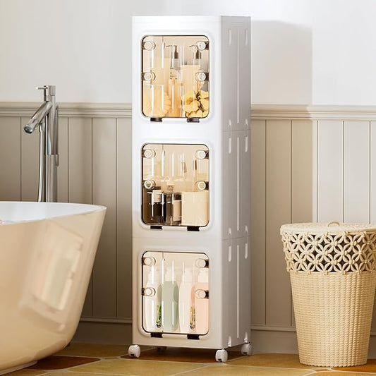 JEKO&JEKO 146 Qt Narrow Bathroom Storage Cabinet, 3-Tier Slim Tall Cabinet Organizer with Wheels, Foldable Plastic Storage Bin for Small Spaces, White