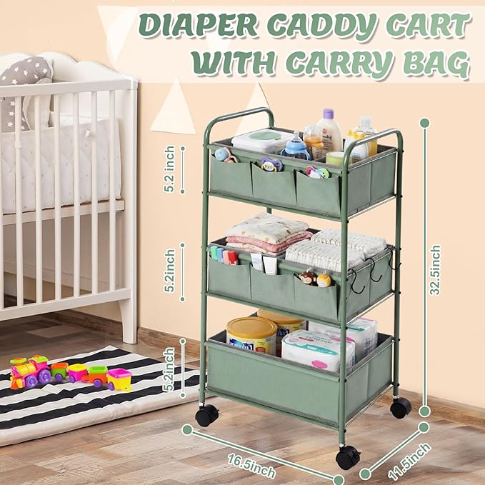 WILLBOND 3 Tier Green Baby Diaper Caddy Organizer Cart with 4+3 Dividers Large Capacity Metal Utility Bedside Rolling Cart Newborn Registry Nursery Essential Must Have Crib Bedroom Baby Shower