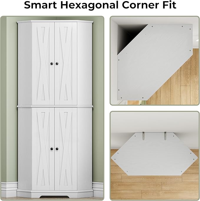 IRONCK Corner Cabinet, 72" H Kitchen Pantry Storage Cabinet, 4 Barn Doors with Storage Rack, 4 Adjustable Shelves, 6-Tier Tall Food Pantry Cabinet, Farmhouse Hutch for Kitchen Dining Room, White