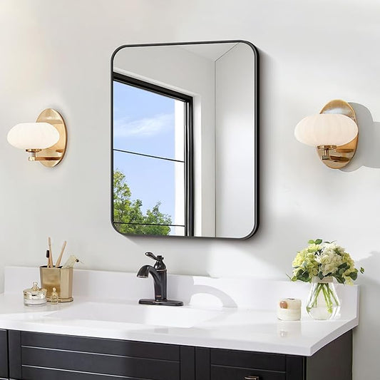FORBATH Bathroom Mirror for Over Sink 18x24 Inch Black, Rectanglar Wall Mirror with Metal Frame, Rounded Corners for Bathroom, Bedroom, Entryway Decor (Horizontal or Vertical)
