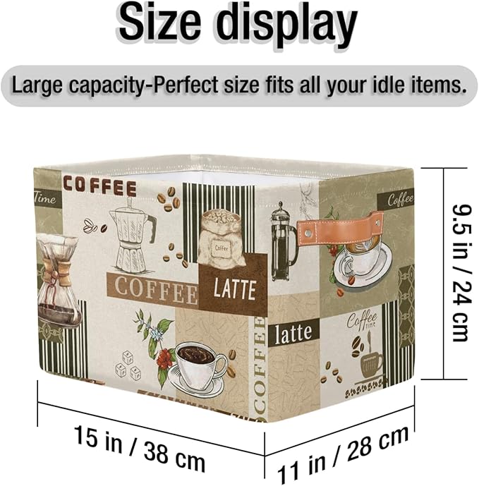 Rectangle Storage Baskets for Organizing - Foldable Storage Bin Cubes with Handles, Large Organizer Bins Boxes Toy Closet Shelf Nursery Laundry Basket, 1 Pcs(Coffee Time Theme)