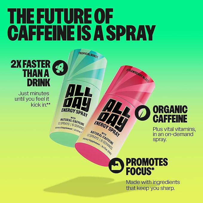 ALLDAY Focus + Energy Spray — Natural Caffeine + L-Theanine + Essential Vitamins — 0 Calorie, 0 Sugar — 12 Spray Bottle — Faster, Cleaner, Smoother Energy (8 Pack Strawberry)