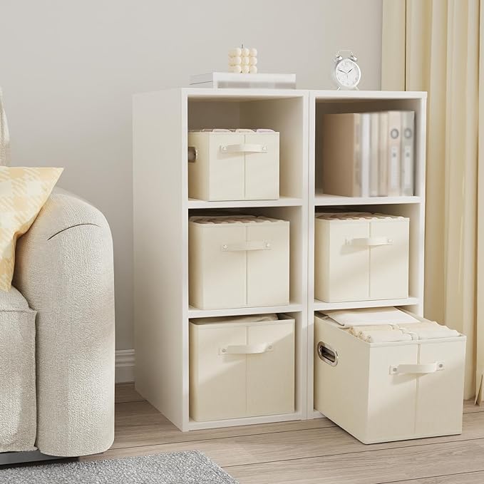 Foldable Cloth Basket with 4 Handles, Decorative Open Storage Boxes, Stackable Cube Organization, Fabric Bins for Shelves, Closet, Living Room, 15x9.8x9.8in, Beige, 4 Pack