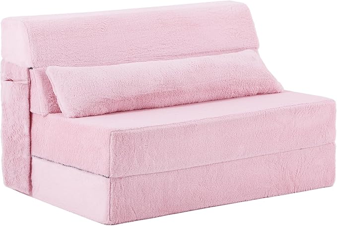 Tiita Convertible Folding Sofa Bed Twin Size for Adults with Pillow, Plush Fabric Floor Mattress Couch Bed, Washable Cover & Side Pocket, Guest Room, Dorm, Apartment, Living Room, Pink
