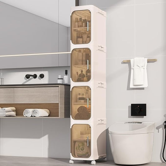 KHNR 4-Tiers Slim Bathroom Storage Cabinet, Foldable Storage Cabinets,Narrow Bathroom Storage,Movable Bathroom Storage Organizer for Small Spaces,Bathroom,Kitchen,Laundry,Cream White
