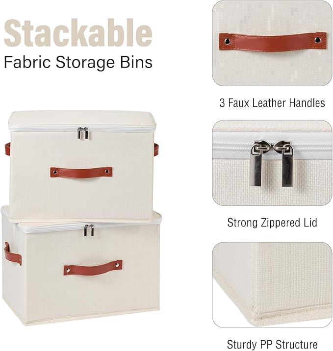 3PCS Storage Bins Boxes with Zippered Lids Cotton Linen Fabric Decorative Basket PU Leather Handles PP Plastic Board Foldable Lidded Clothing Shelf Closet Organizer Container (Beige, Large)
