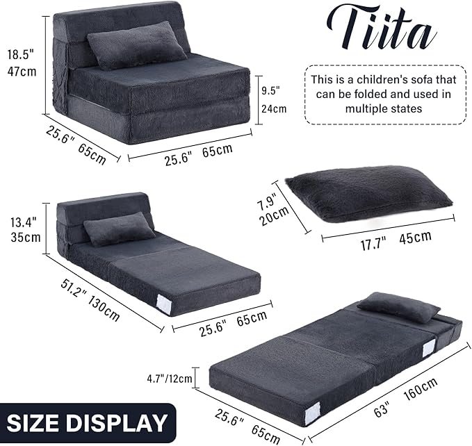 Tiita Convertible Folding Kids Sofa Bed with Pillow & Storage Bag, Plush Fabric Floor Mattress Couch Bed, Washable Cover, Kids Room, Playroom, Dorm, Apartment, Navy