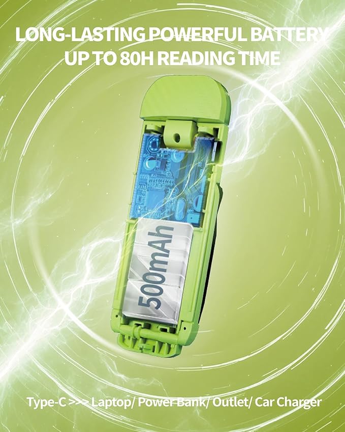 Book Reading Light, Rechargeable Clip on Booklight, Eye Caring 3 Color Temperatures & 5 Brightness Levels, Night Use for Bed, Long Lasting, Reading at Night in Bed, Apple Green