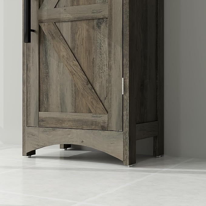 HOMCOM Tall Bathroom Storage Cabinet, Farmhouse Narrow Bathroom Storage Cabinet with Recessed Drawer and Barn Door, Linen Cabinet, Weathered Gray Oak