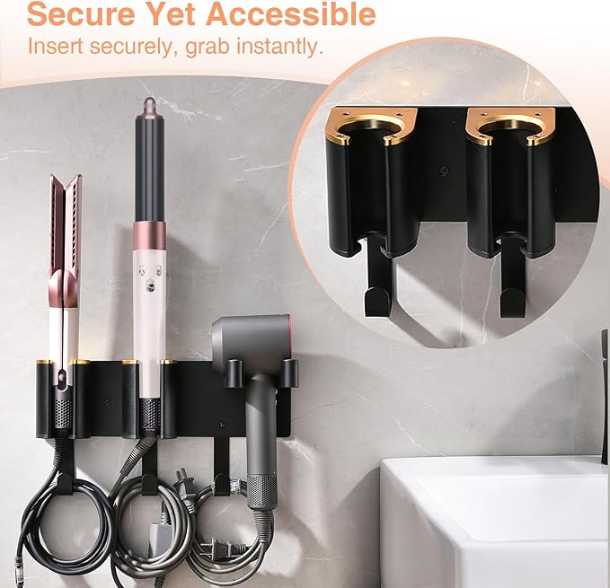Hair Tool Organizer Wall Mount, Hair Dryer Curling iron Organizer, Flat Iron Straightener Holder, Aluminum Alloy & ABS plastic, Black and Gold (Not Including Hair Tools)