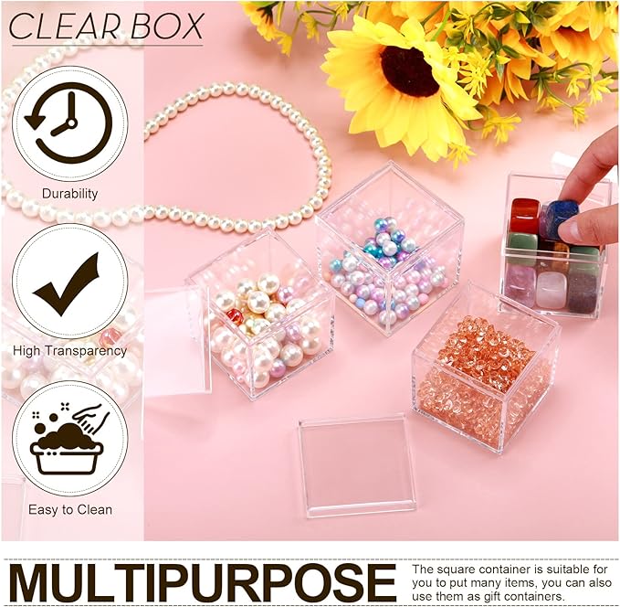 Tuanse 80 Pcs Acrylic Box with Lid Clear Small Acrylic Box Plastic Square Cube with Lid Mini Containers Display 2.2 x 2.2 x 2.2 Inch for Candy Pill Tiny Jewelry Toys Gifts