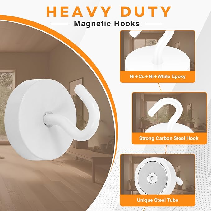 Neosmuk Magnetic Hooks, Cruise Ship Essentials, 8lb+ Heavy Duty Magnetic Hooks for Cruise Cabins, Refrigerator, Grill, Hanging, and Travel | Extra Strong Must-Haves Magnet Hook,White,4 Pack