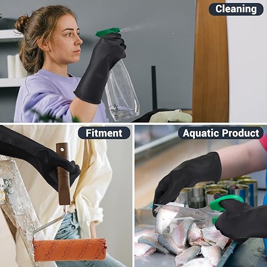 Chemical Resistant Latex Gloves, Black 1 Pair 14" Large Heavy Duty Industrial Rubber Gloves for Dishwashing, Waterproof Cleaning Protective Safety Work, Oil/Acid/Alkali Resistant