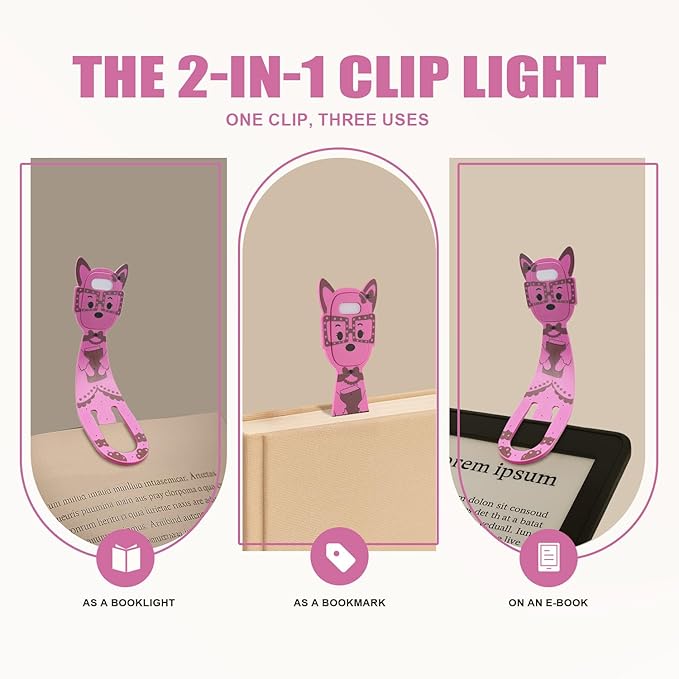Rechargeable Kids Book Light, Cute Bookmark Reading Light for Kids, Dimmable Portable LED Book Light for Reading in Bed, Eye-Caring Bedtime Reading Lamp for Children & Travel, Pink