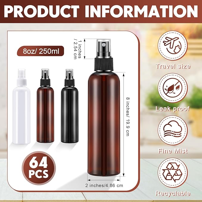 Eccliy 64 Pcs 8 oz Spray Bottles Fine Mist Cleaning Bottles Clear Empty Plastic Travel Sprayer Refillable Sprayer with Cap for Cleaning Solutions Oils Travel Perfumes(Brown)