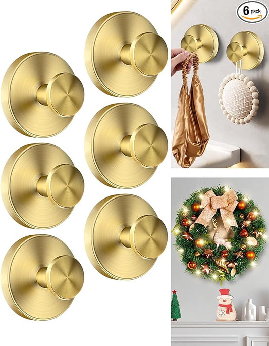 Suction Cup Hooks for Shower, Suction Cup Hooks for Door Wreaths, Robe Towel Hooks Heavy Duty for Bathroom Hanging, Windows, Kitchen, Glass, Mirror, No Drilling, 6 Pack (Gold)