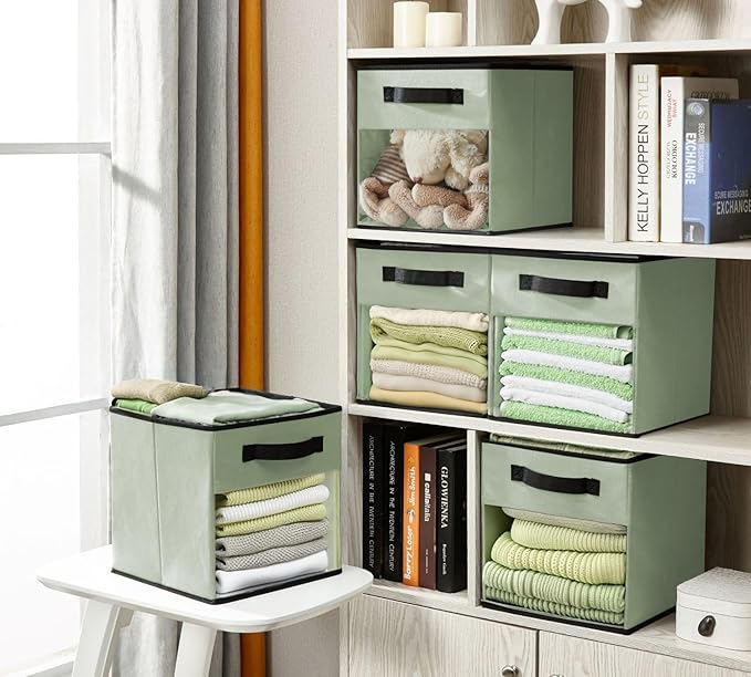 DECOMOMO Storage Bins, Cube Storage Bin with Window, Fabric Storage Cubes for Shelves (11" / 6pcs, Green)
