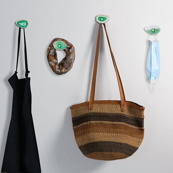 Cozy Tower 4 Pcs Green Agate Wall Hooks - Decorative, Hat Bag & Purse Hooks in Gold Brass Finish