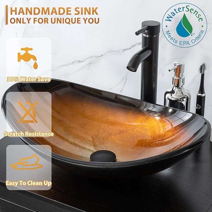 eclife 36" Modern Bathroom Vanity Sink Combo Freestanding Cabinet with Small Side Cabinet, Brown Boat Glass Vessel Sink, Water Save Faucet, Drain (Gray+A29BR)