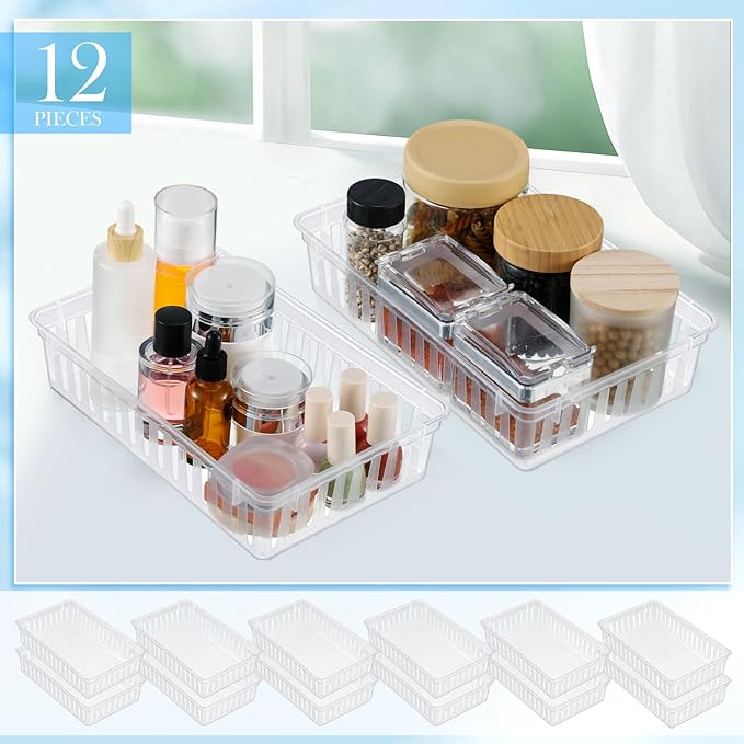 Wenqik Set of 12 Small Plastic Baskets for Organizing 10.24 x 6.5 x 2.36 Inch Pharmacy Baskets Rectangular Trays Plastic Organizer for Office Pharmacy Dorm Kitchens, Closets Shelves(Clear)